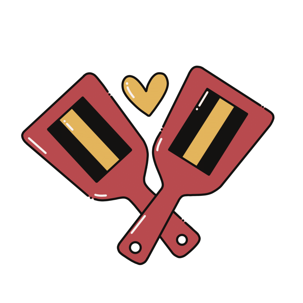 Illustration of two Japanese naruko noisemakers with a yellow heart. Artwork by Hayley Green.